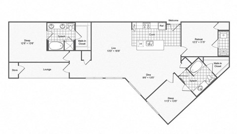 Floor plan for 2 beds, 2 baths, 1453 sqft